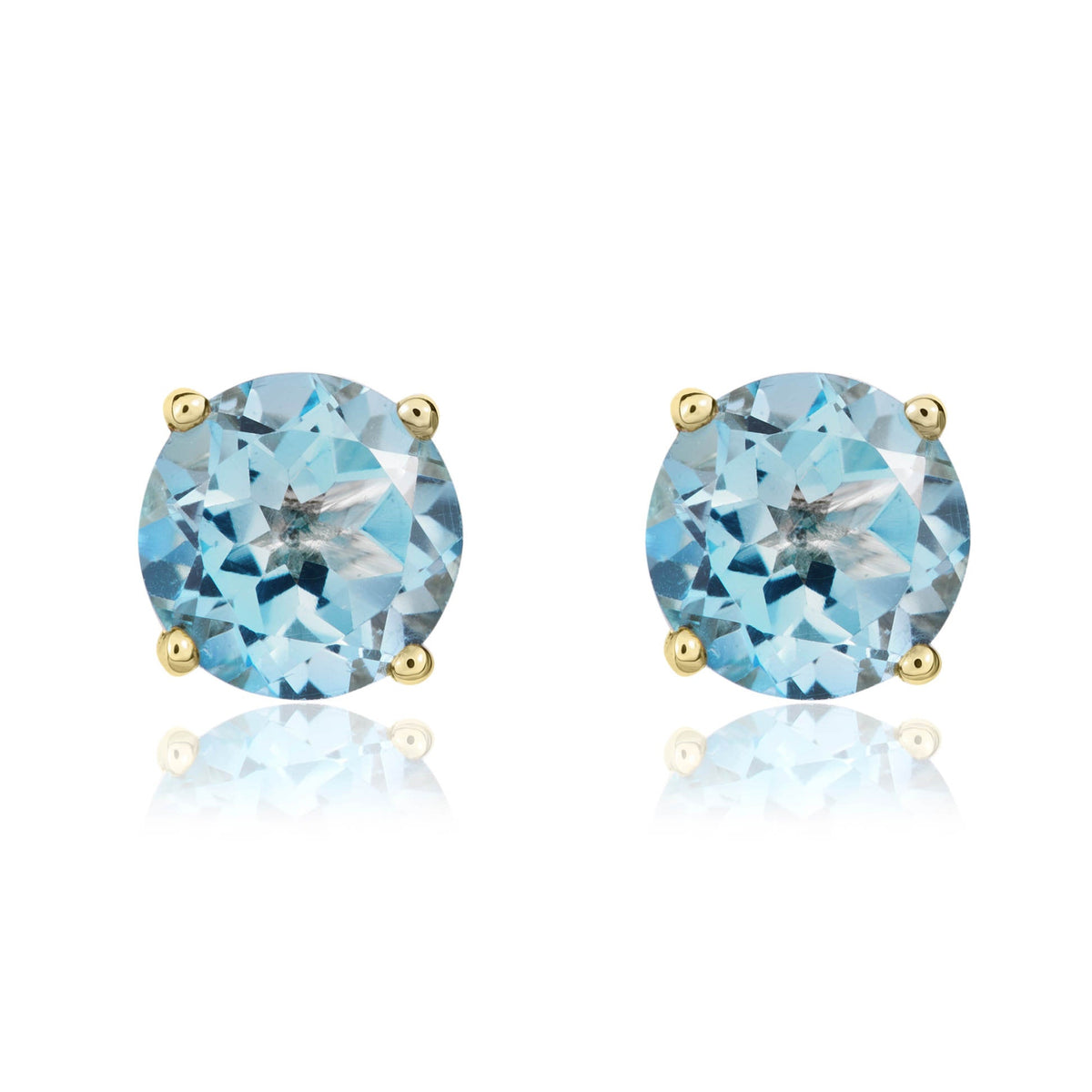 9ct Yellow Gold Round Natural Swiss Blue Topaz Claw Stud Earrings — 7mm