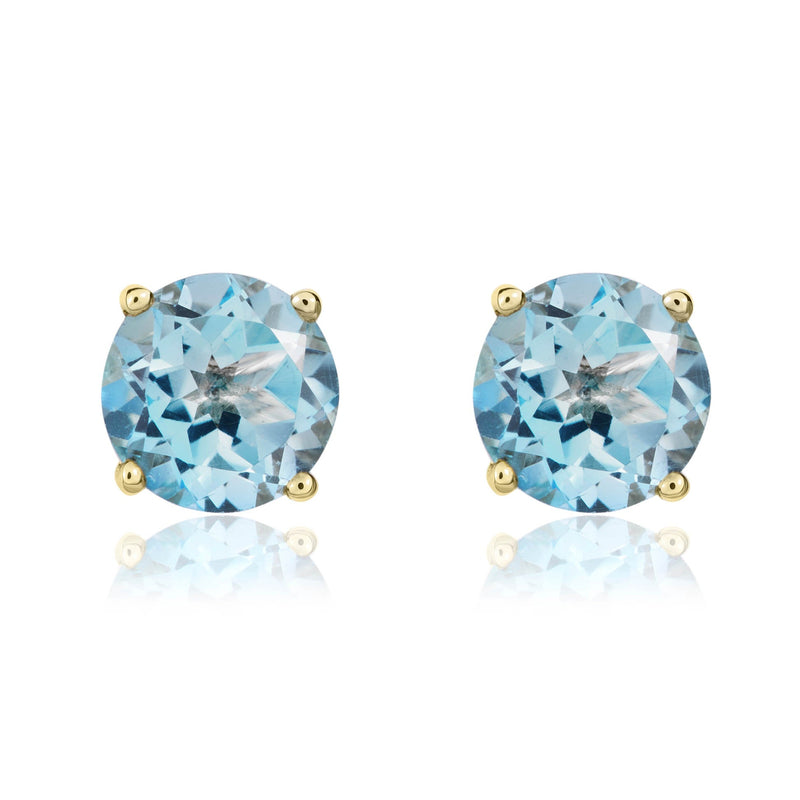 9ct Yellow Gold Round Natural Swiss Blue Topaz Claw Stud Earrings — 7mm
