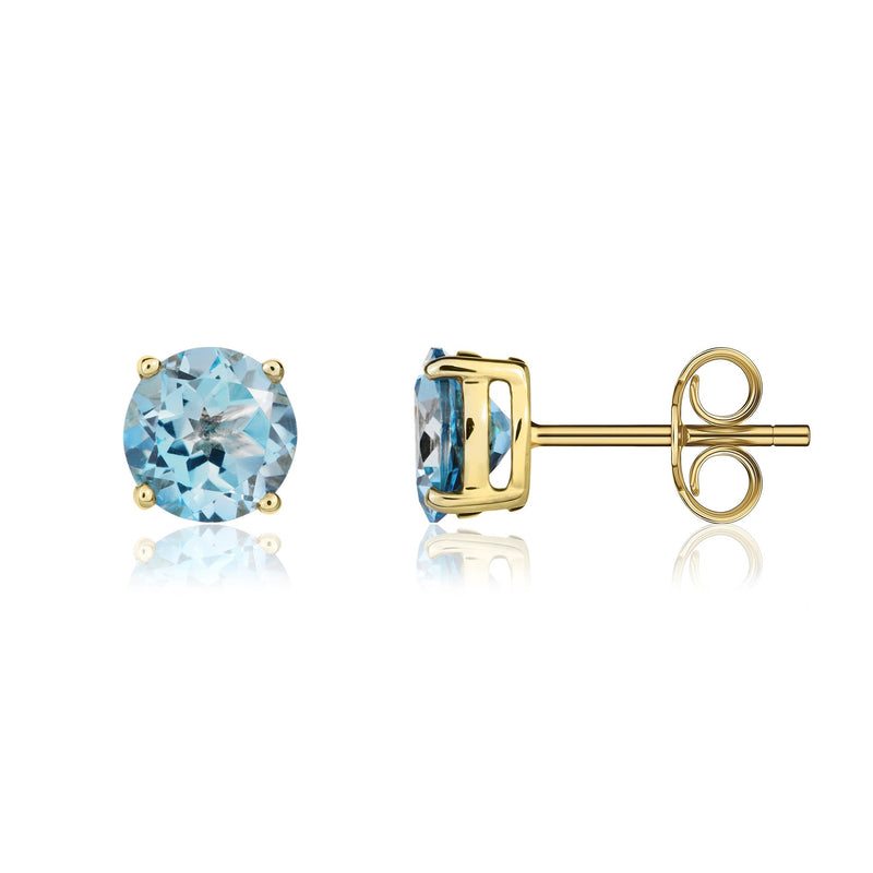 9ct Yellow Gold Round Natural Swiss Blue Topaz Claw Stud Earrings — 7mm