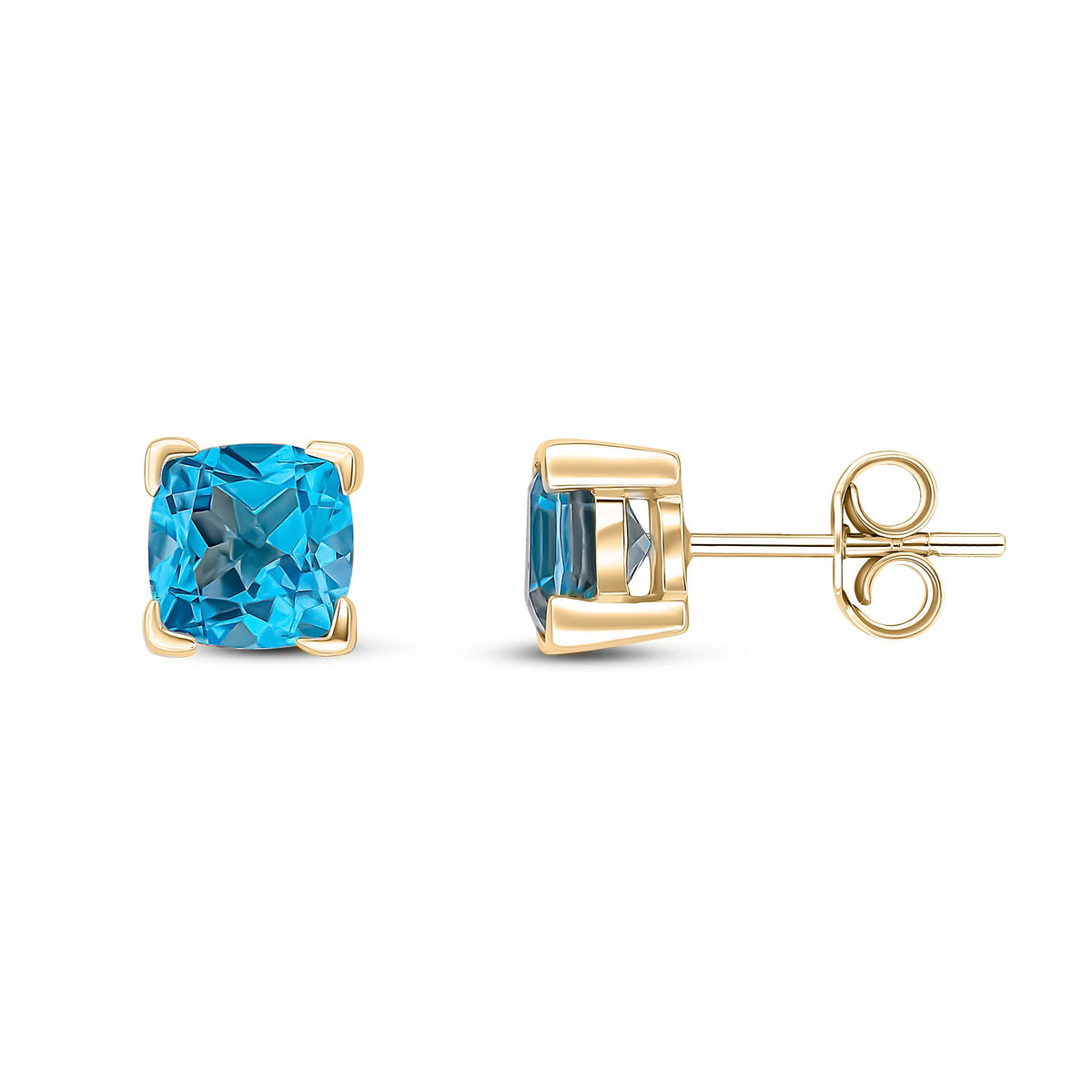 9ct Yellow Gold Cushion Natural Swiss Blue Topaz Claw Stud Earrings — 6mm