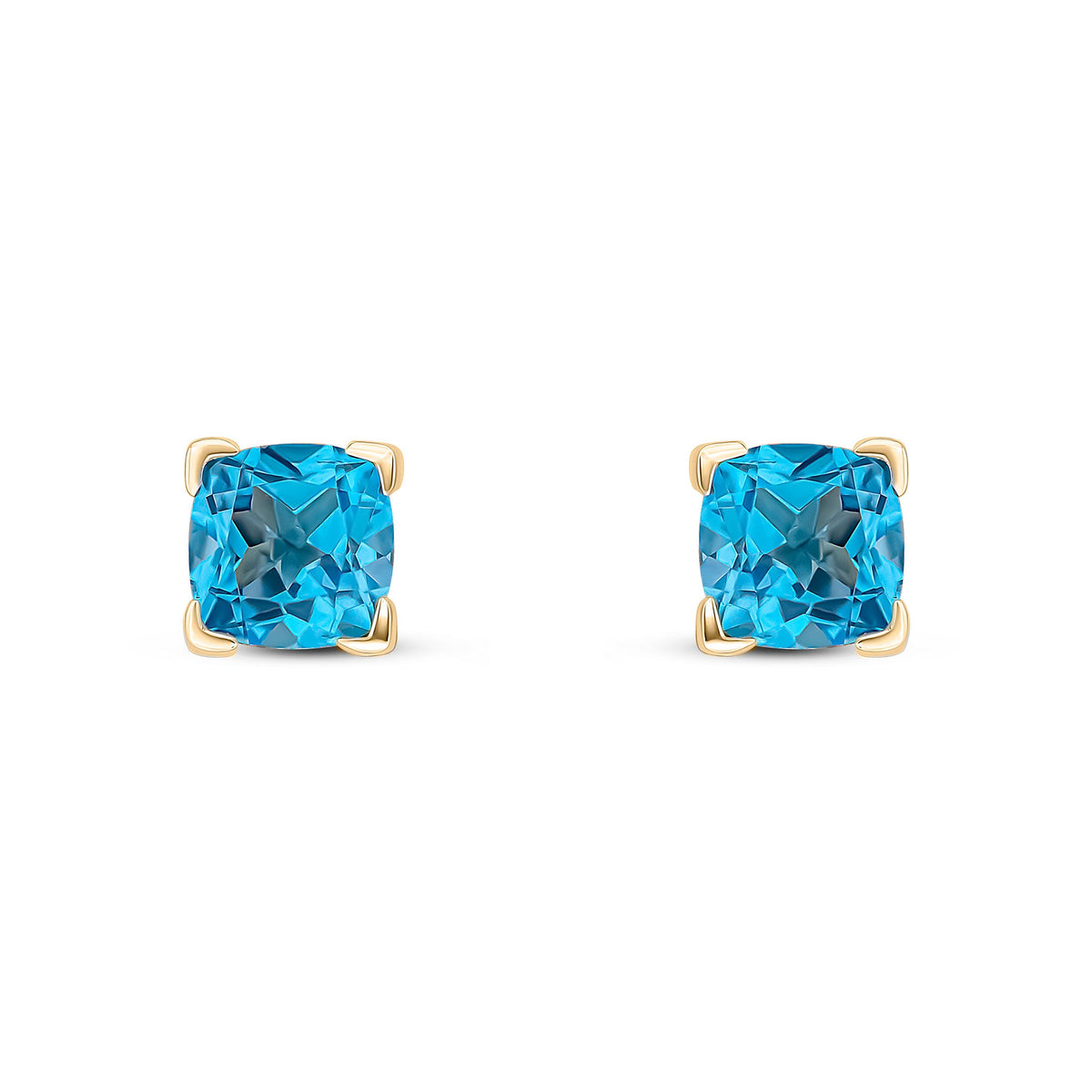 9ct Yellow Gold Cushion Natural Swiss Blue Topaz Claw Stud Earrings — 6mm