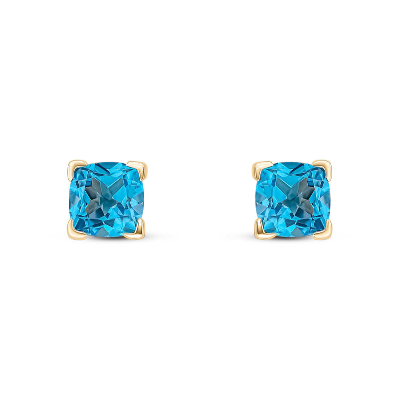 9ct Yellow Gold Cushion Natural Swiss Blue Topaz Claw Stud Earrings — 6mm