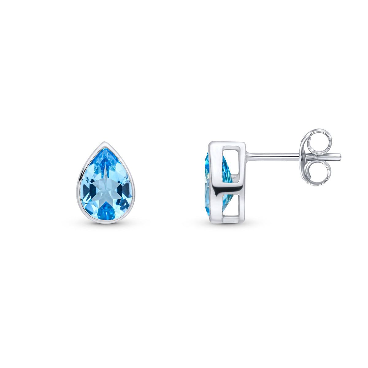 9ct White Gold Pear Shaped Natural Swiss Blue Topaz Rubover Stud Earrings — 7x5mm