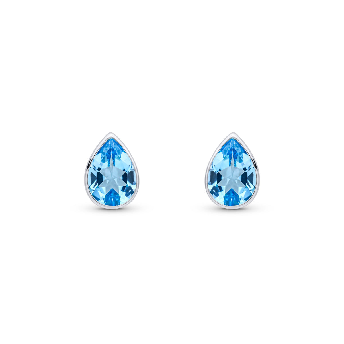 9ct White Gold Pear Shaped Natural Swiss Blue Topaz Rubover Stud Earrings — 7x5mm