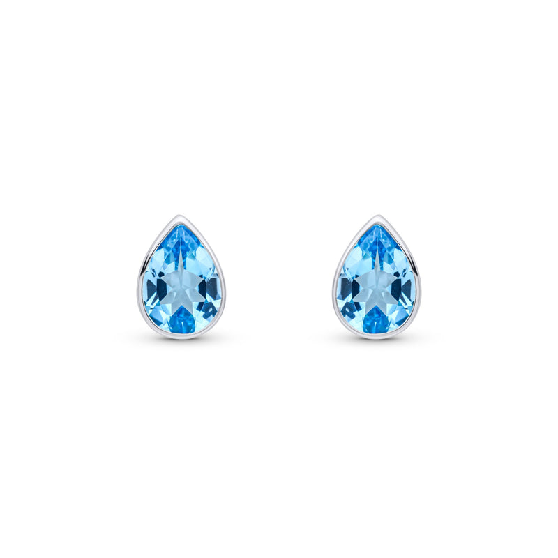 9ct White Gold Pear Shaped Natural Swiss Blue Topaz Rubover Stud Earrings — 7x5mm