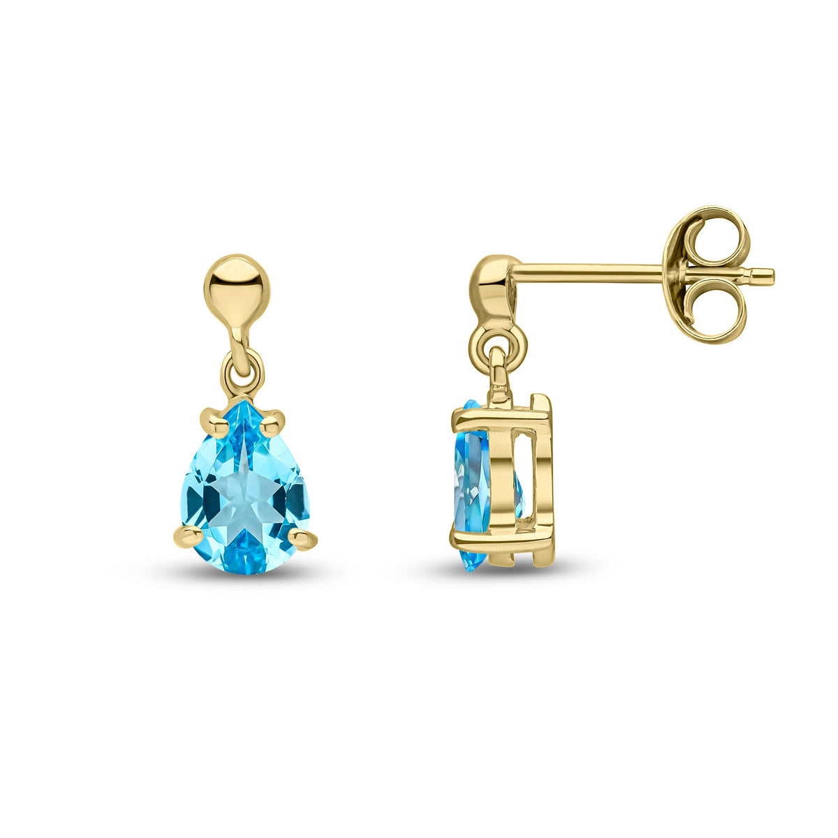 9ct Yellow Gold Pear Shaped Natural Swiss Blue Topaz Claw Drop Earrings — 7x5mm