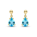 9ct Yellow Gold Pear Shaped Natural Swiss Blue Topaz Claw Drop Earrings — 7x5mm