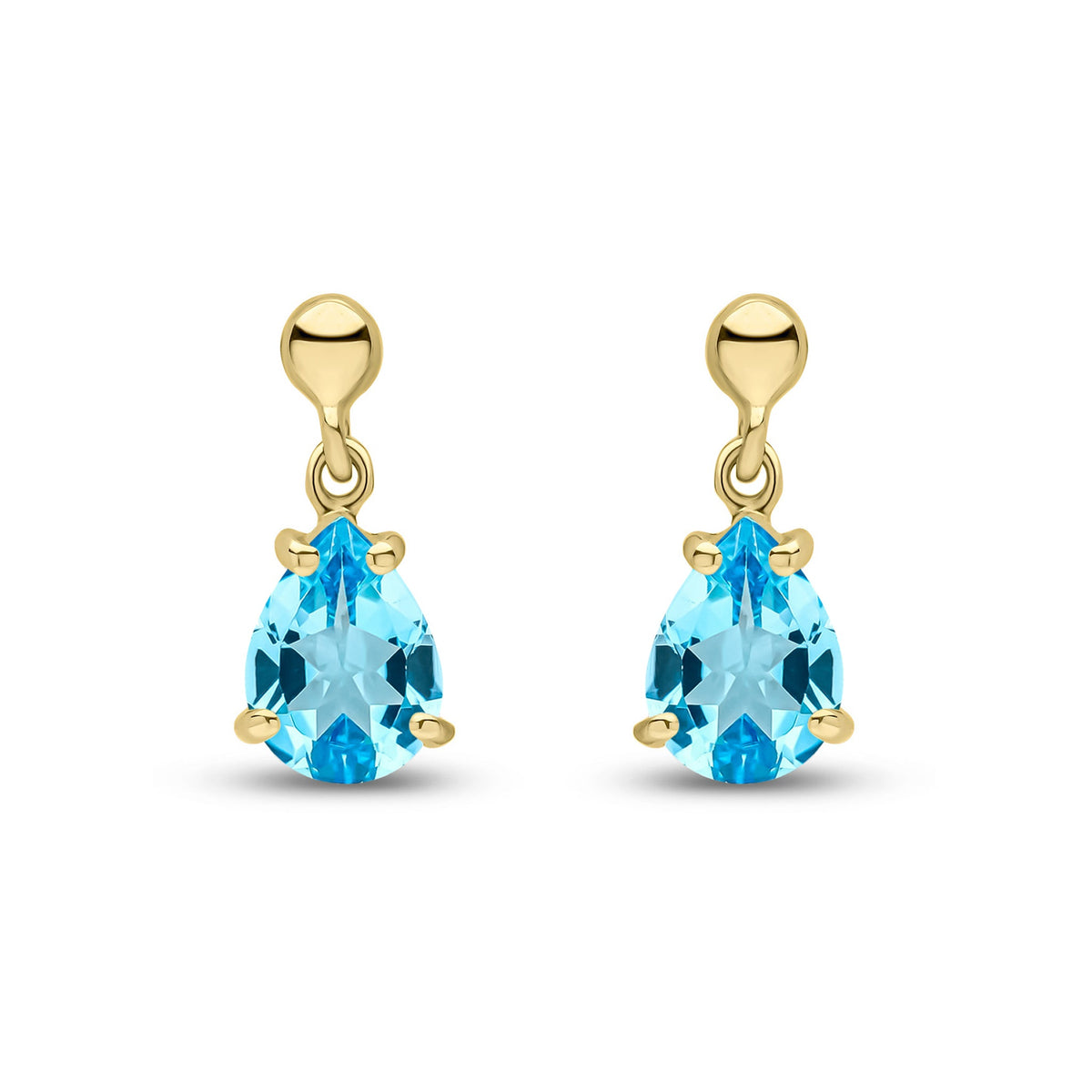 9ct Yellow Gold Pear Shaped Natural Swiss Blue Topaz Claw Drop Earrings — 7x5mm