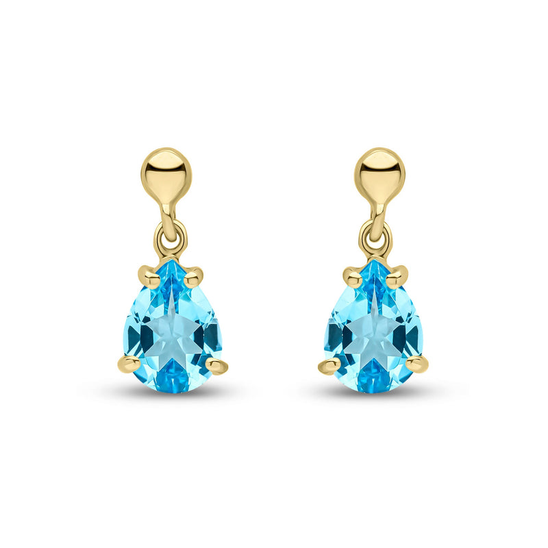 9ct Yellow Gold Pear Shaped Natural Swiss Blue Topaz Claw Drop Earrings — 7x5mm