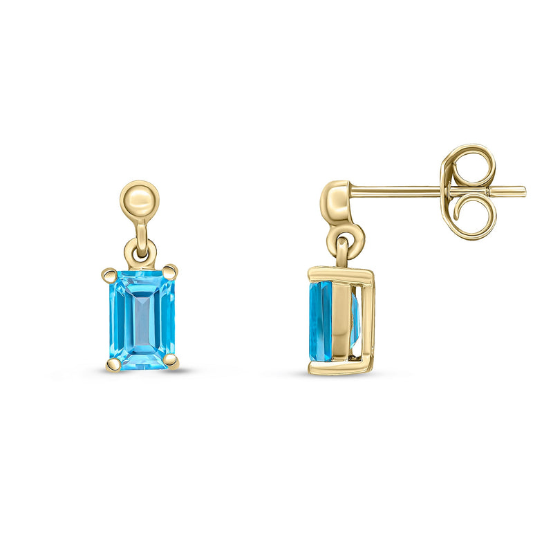 9ct Yellow Gold Octagonal Emerald Cut Natural Swiss Blue Topaz Claw Drop Earrings — 6x4mm