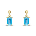 9ct Yellow Gold Octagonal Emerald Cut Natural Swiss Blue Topaz Claw Drop Earrings — 6x4mm