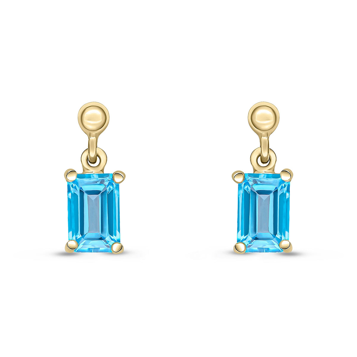 9ct Yellow Gold Octagonal Emerald Cut Natural Swiss Blue Topaz Claw Drop Earrings — 6x4mm