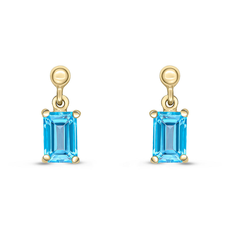 9ct Yellow Gold Octagonal Emerald Cut Natural Swiss Blue Topaz Claw Drop Earrings — 6x4mm