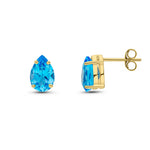 9ct Yellow Gold Pear Shaped Natural Swiss Blue Topaz Claw Stud Earrings — 9x6mm