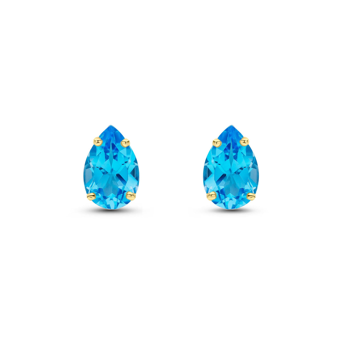 9ct Yellow Gold Pear Shaped Natural Swiss Blue Topaz Claw Stud Earrings — 9x6mm