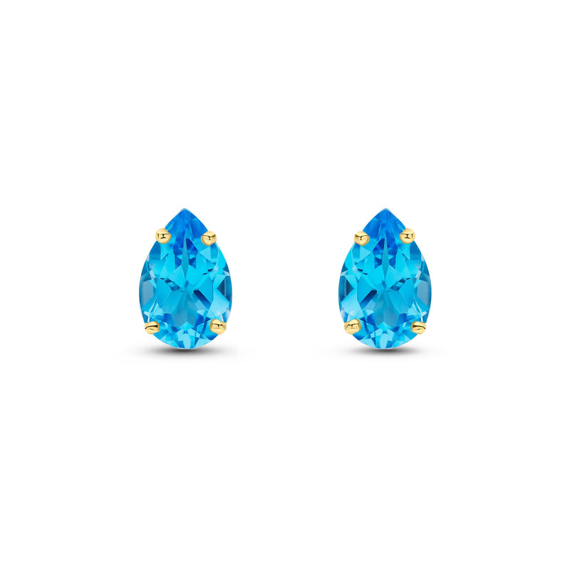 9ct Yellow Gold Pear Shaped Natural Swiss Blue Topaz Claw Stud Earrings — 9x6mm