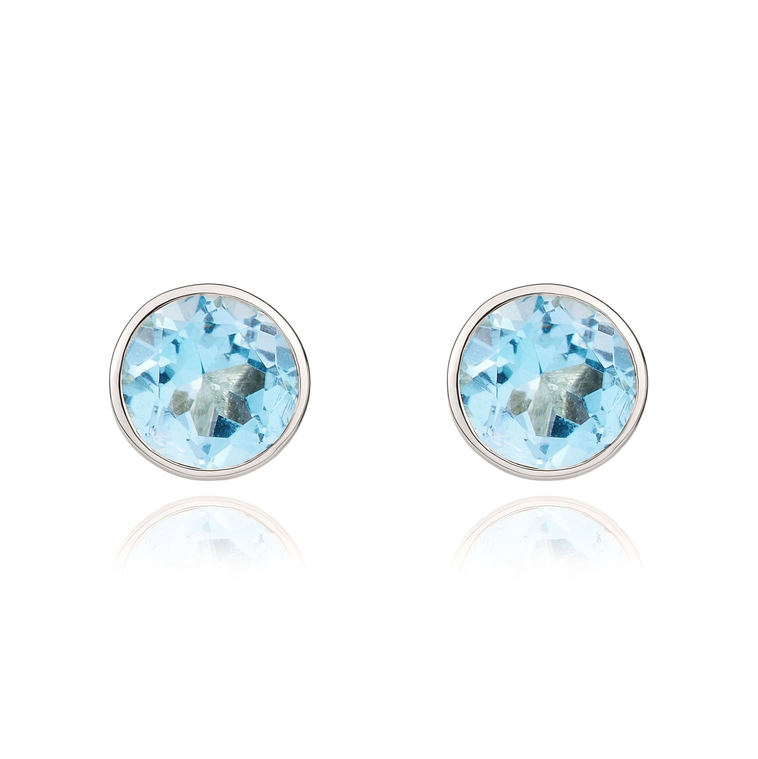 9ct White Gold Round Natural Swiss Blue Topaz Rubover Stud Earrings — 5mm