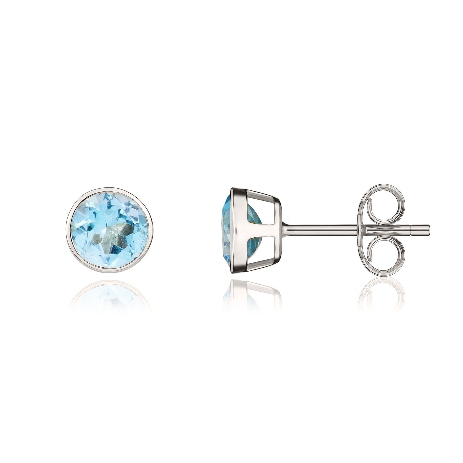 9ct White Gold Round Natural Swiss Blue Topaz Rubover Stud Earrings — 5mm