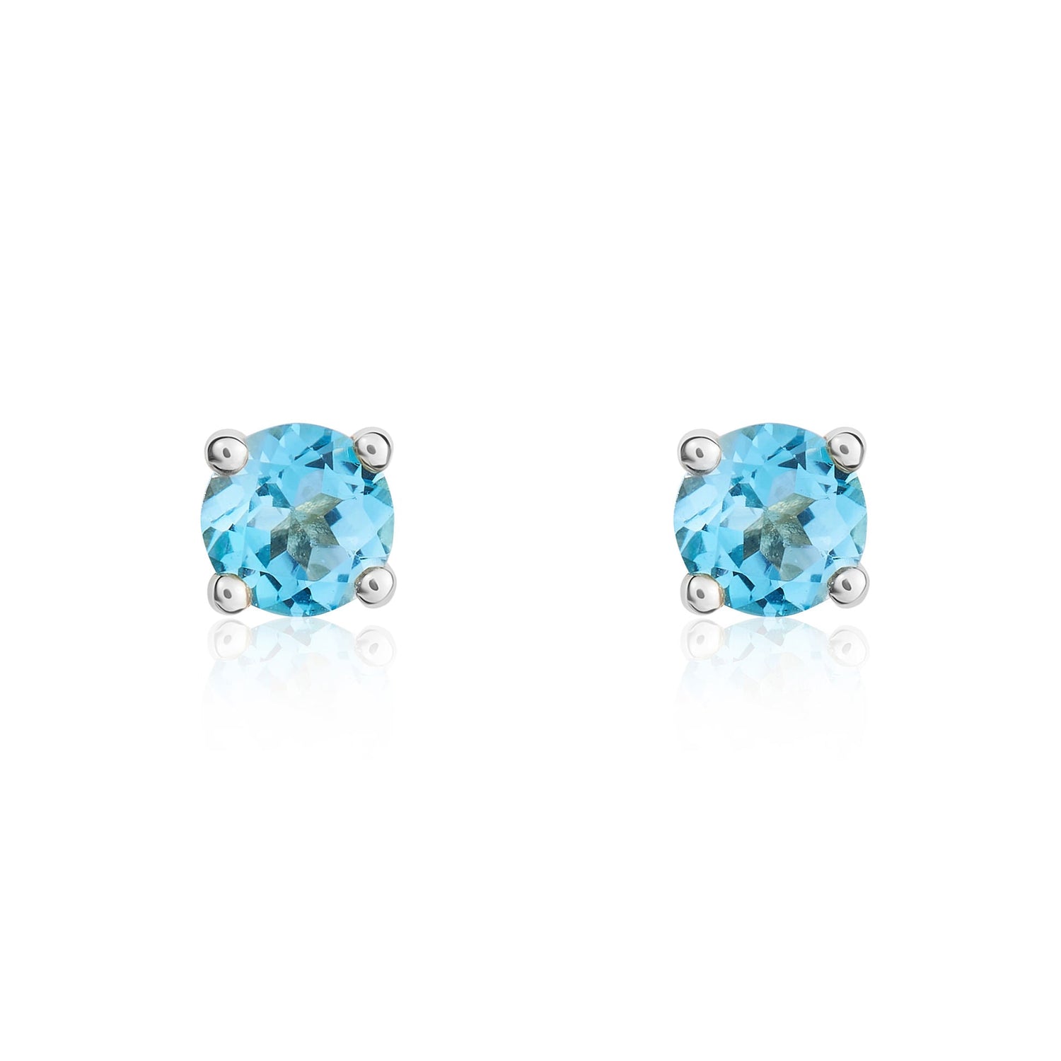 9ct White Gold Round Natural Swiss Blue Topaz 4 Claw Stud Earrings — 4mm