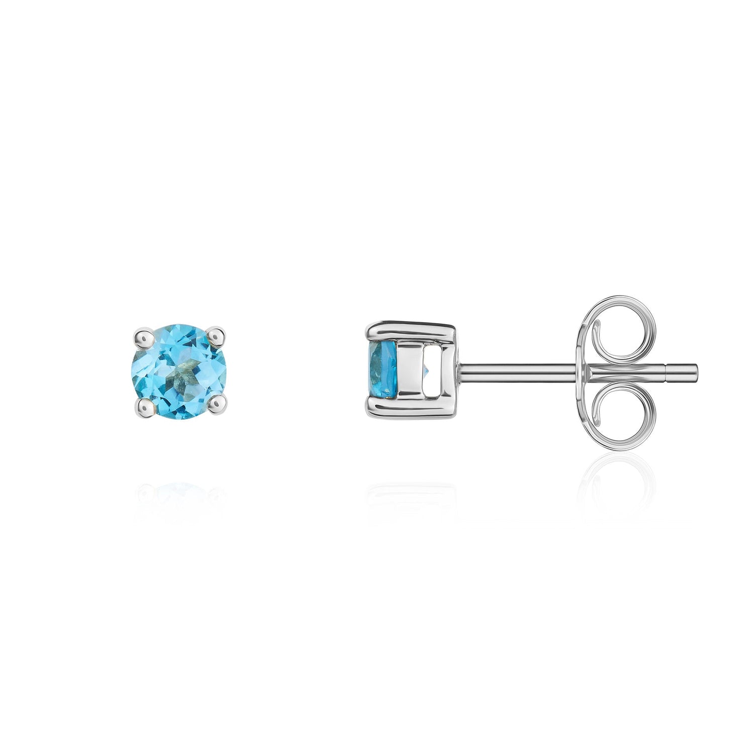 9ct White Gold Round Natural Swiss Blue Topaz 4 Claw Stud Earrings — 4mm