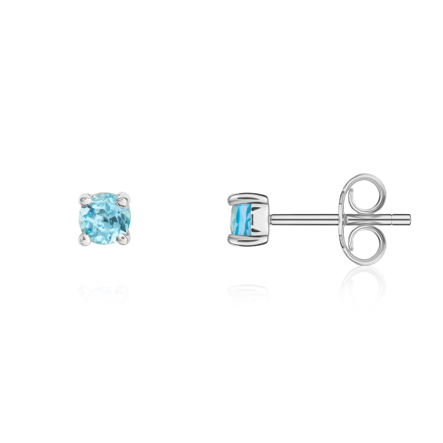 9ct White Gold Round Natural Swiss Blue Topaz Claw Set Stud Earrings — 3mm
