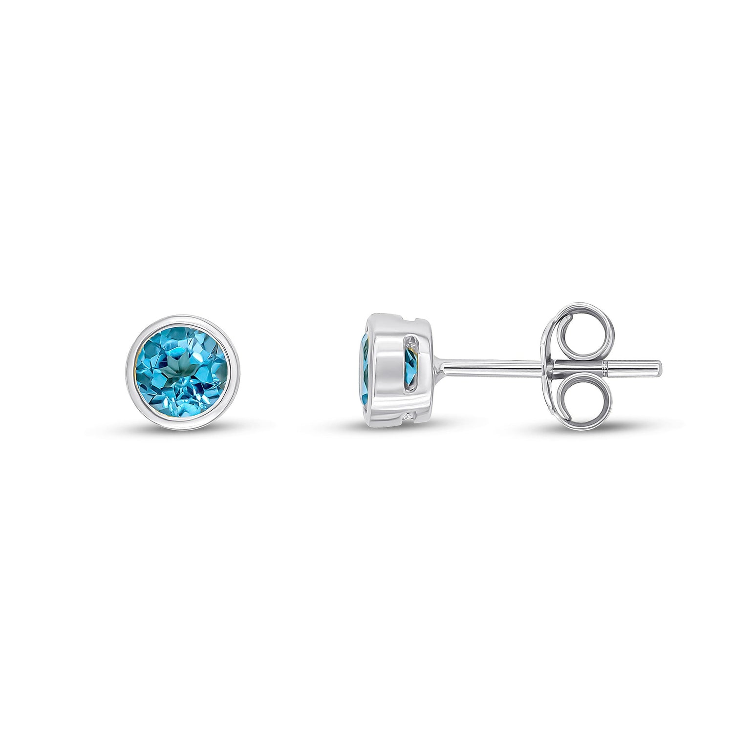 9ct White Gold Round Natural Swiss Blue Topaz Rubover Stud Earrings — 4mm