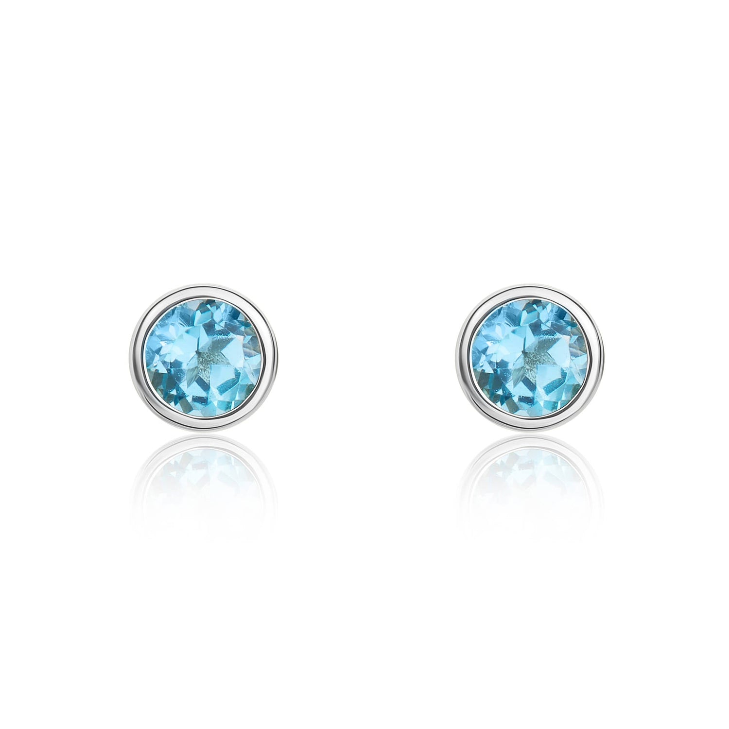 9ct White Gold Round Natural Swiss Blue Topaz Rubover Stud Earrings — 3mm