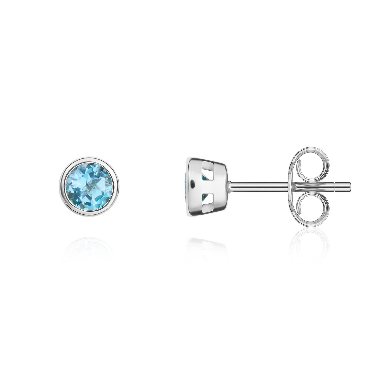 9ct White Gold Round Natural Swiss Blue Topaz Rubover Stud Earrings — 3mm