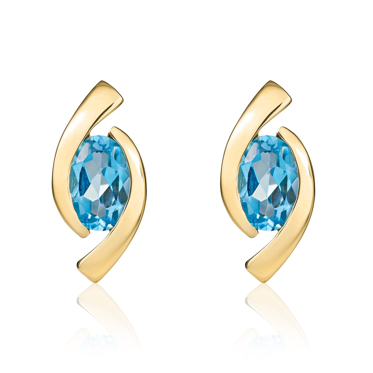 9ct Yellow Gold Oval Natural Swiss Blue Topaz 'Eye' Stud Earrings — 6x4mm