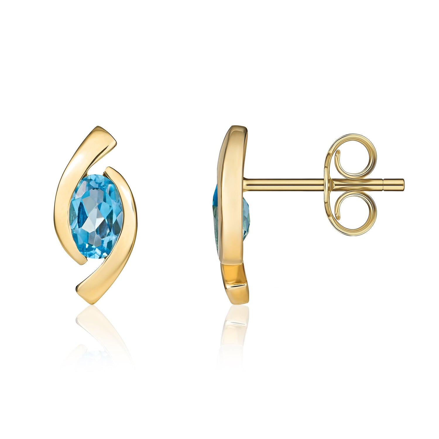 9ct Yellow Gold Oval Natural Swiss Blue Topaz 'Eye' Stud Earrings — 6x4mm
