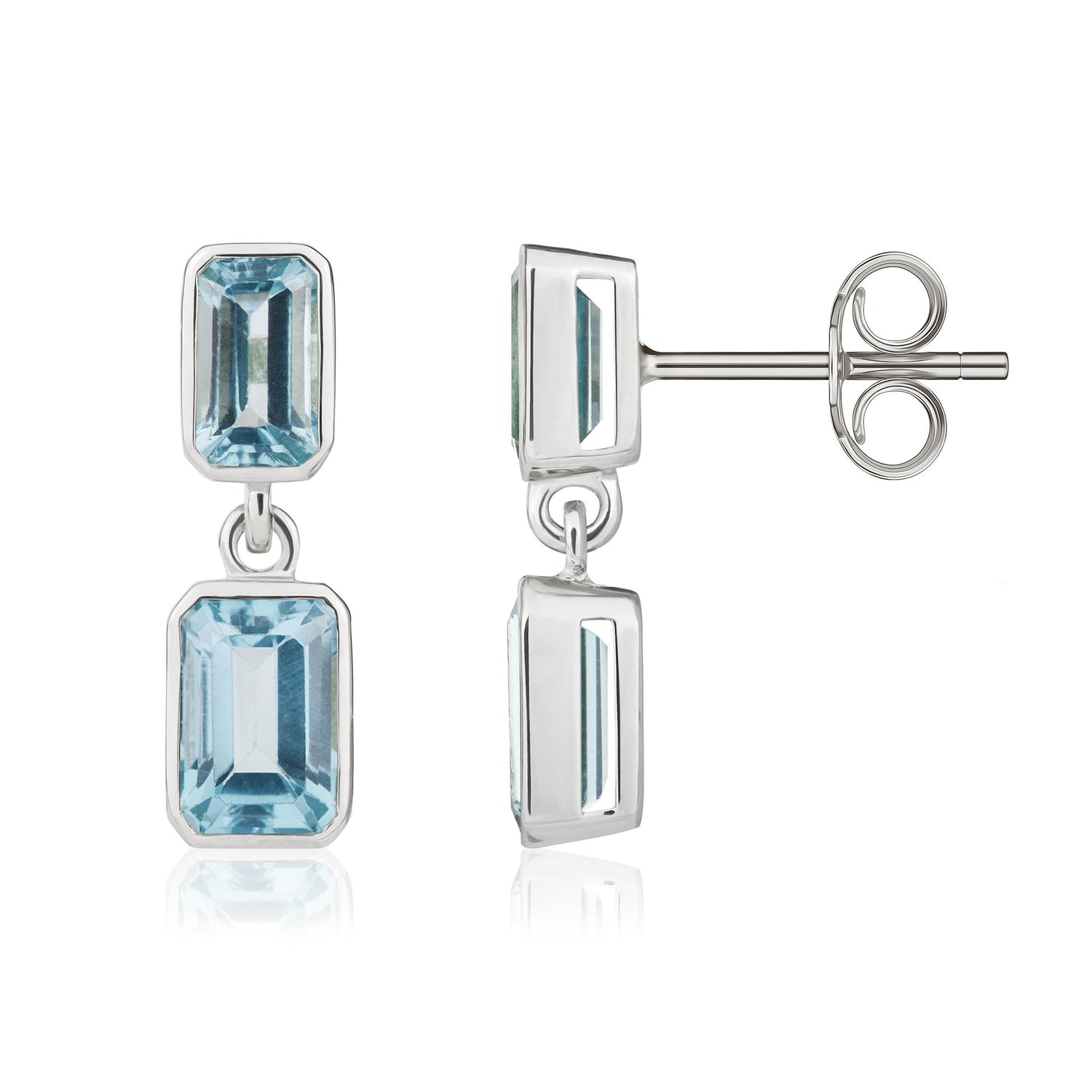 9ct White Gold Octagonal Emerald Cut Natural Swiss Blue Topaz Double Stone Rubover Drop Earrings — 5x3mm