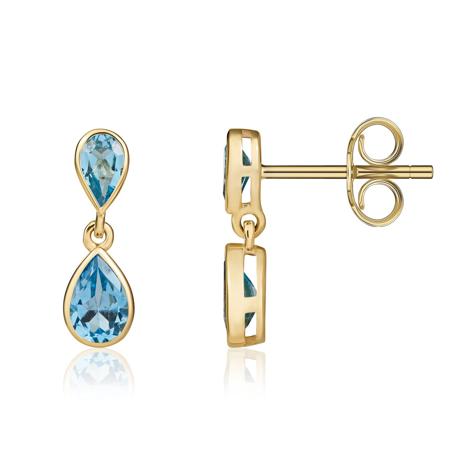 9ct Yellow Gold Pear Shaped Natural Swiss Blue Topaz Two Stone Rubover Drop Earrings