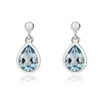 9ct White Gold Pear Shaped Natural Swiss Blue Topaz Rubover Drop Earrings with 2.5mm Bead Top — 6x4mm