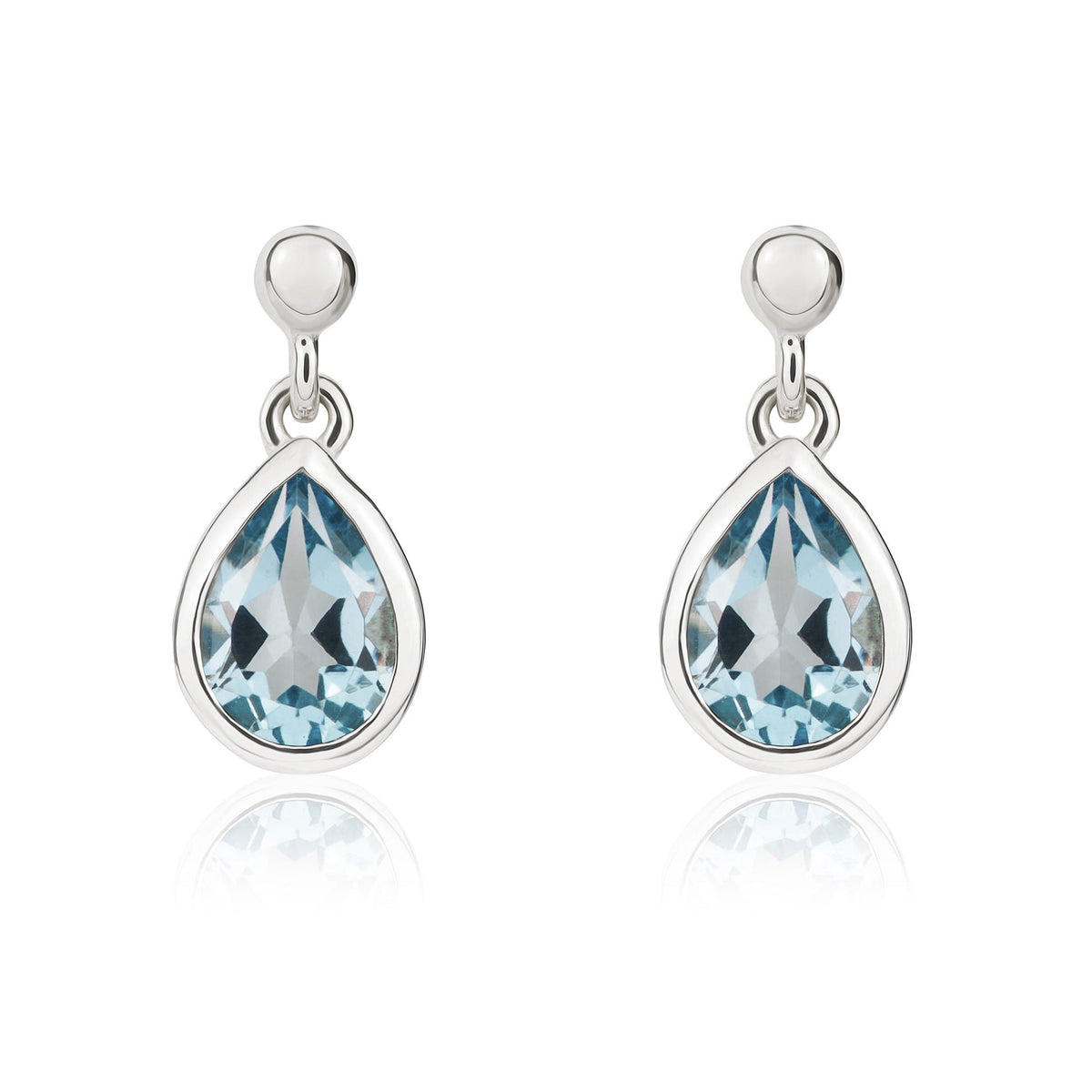 9ct White Gold Pear Shaped Natural Swiss Blue Topaz Rubover Drop Earrings with 2.5mm Bead Top — 6x4mm