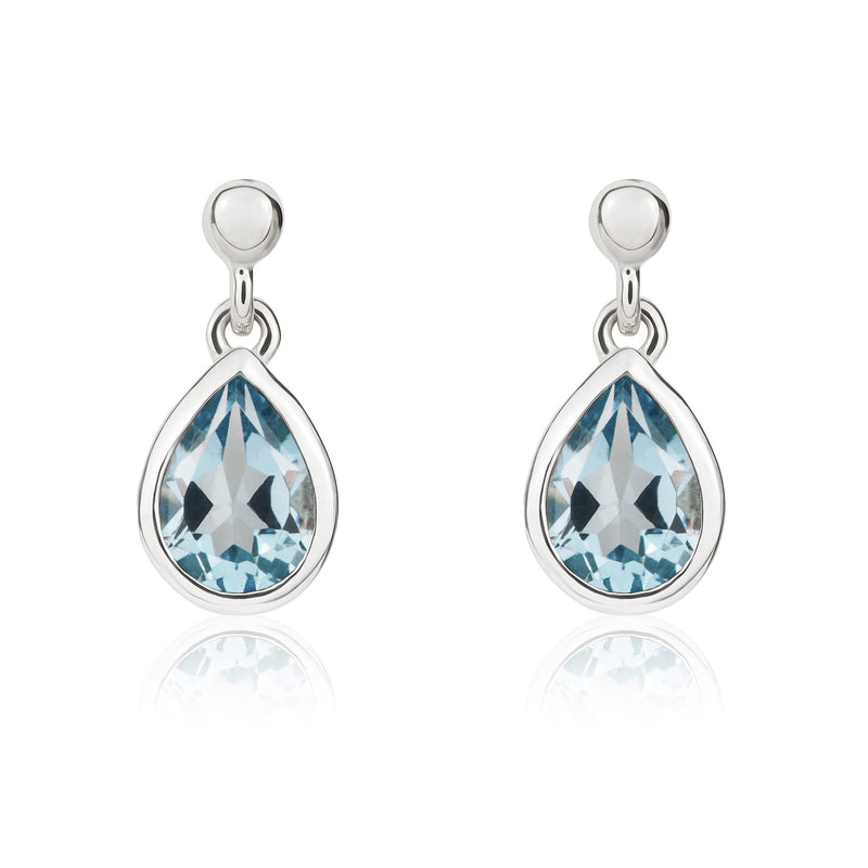 9ct White Gold Pear Shaped Natural Swiss Blue Topaz Rubover Drop Earrings with 2.5mm Bead Top — 6x4mm