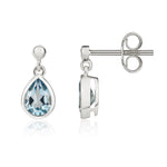 9ct White Gold Pear Shaped Natural Swiss Blue Topaz Rubover Drop Earrings with 2.5mm Bead Top — 6x4mm
