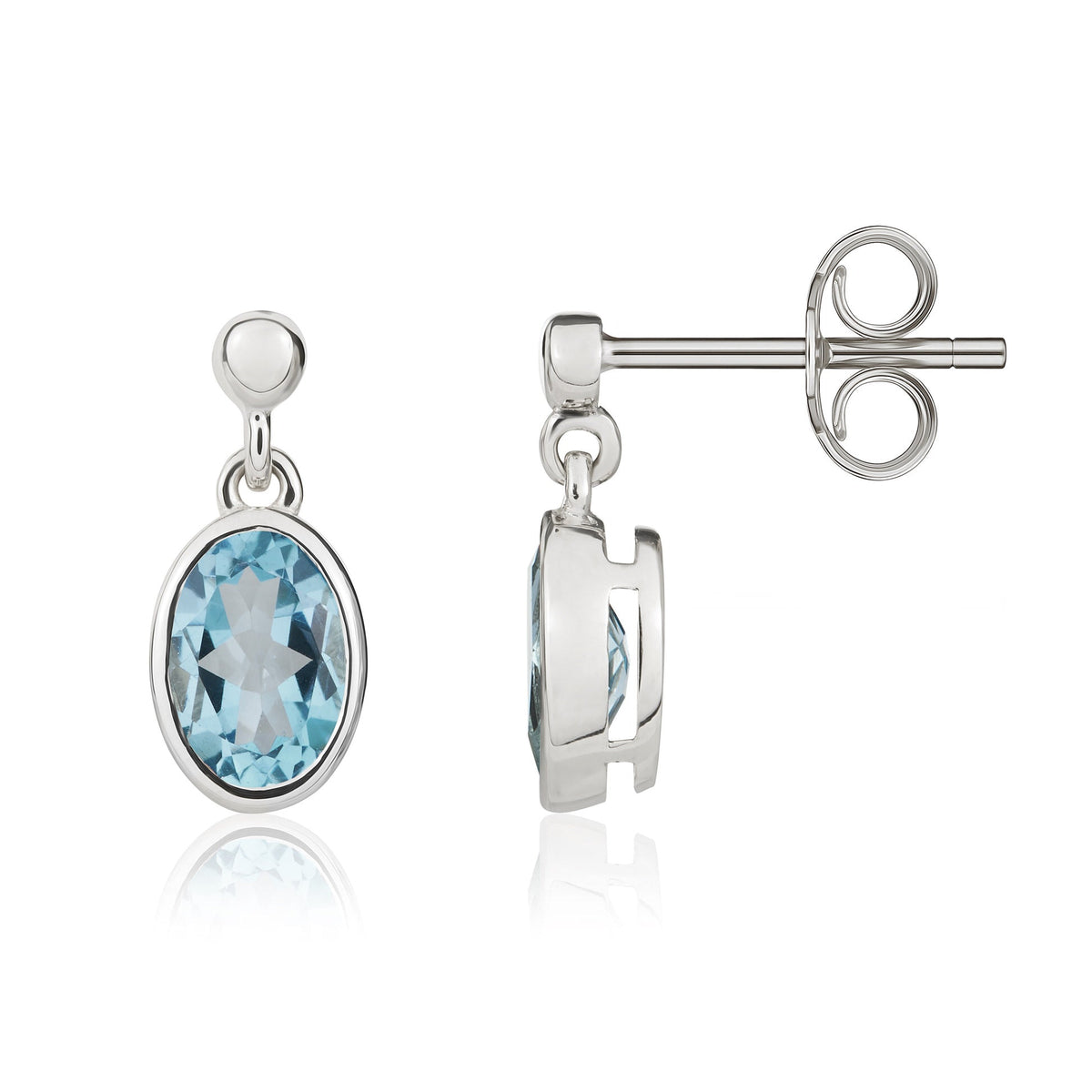 9ct White Gold Oval Natural Swiss Blue Topaz Rubover Drop Earrings — 7x5mm