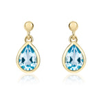 9ct Yellow Gold Pear Shaped Natural Swiss Blue Topaz Rubover Drop Earrings with 2.5mm Bead Top — 6x4mm