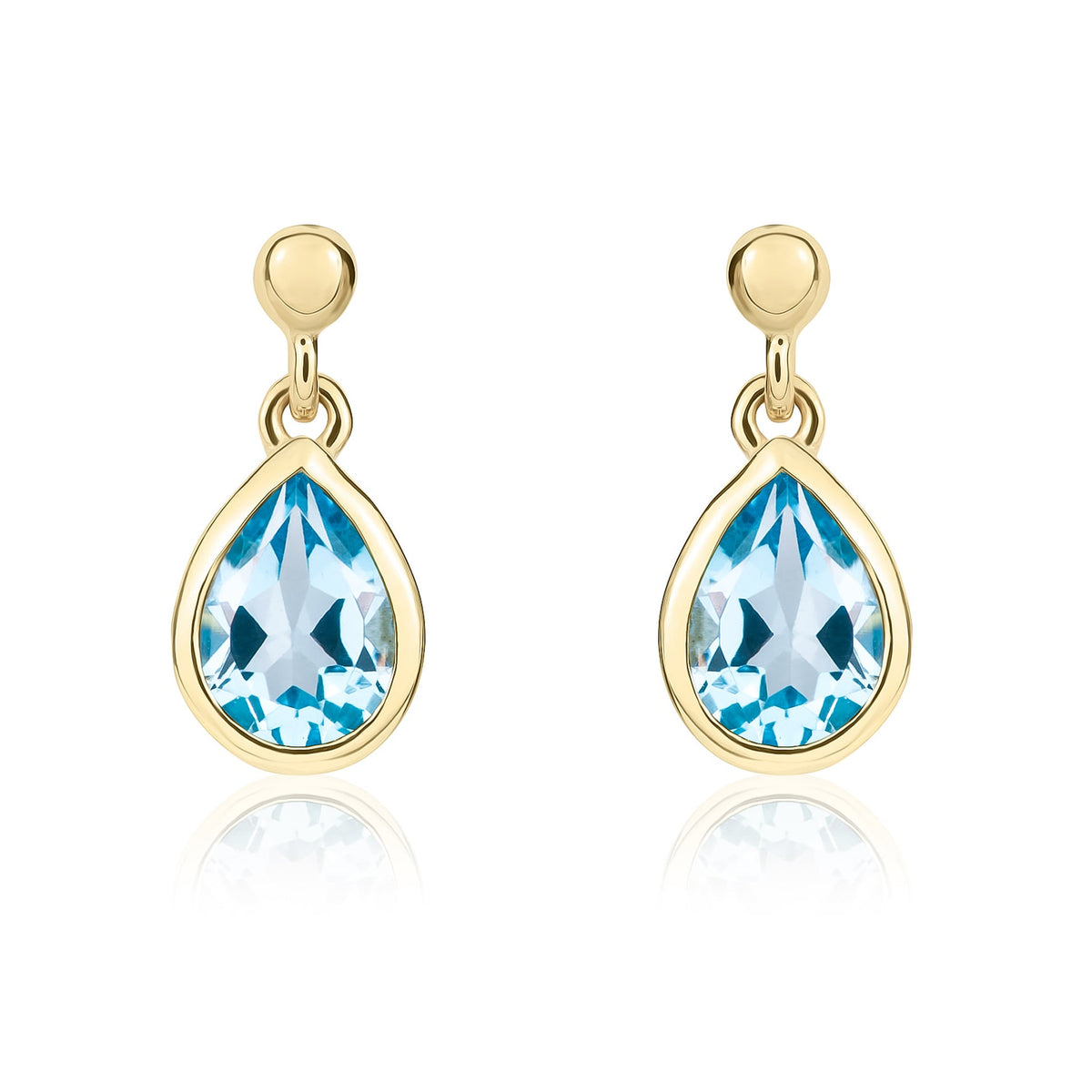 9ct Yellow Gold Pear Shaped Natural Swiss Blue Topaz Rubover Drop Earrings with 2.5mm Bead Top — 6x4mm