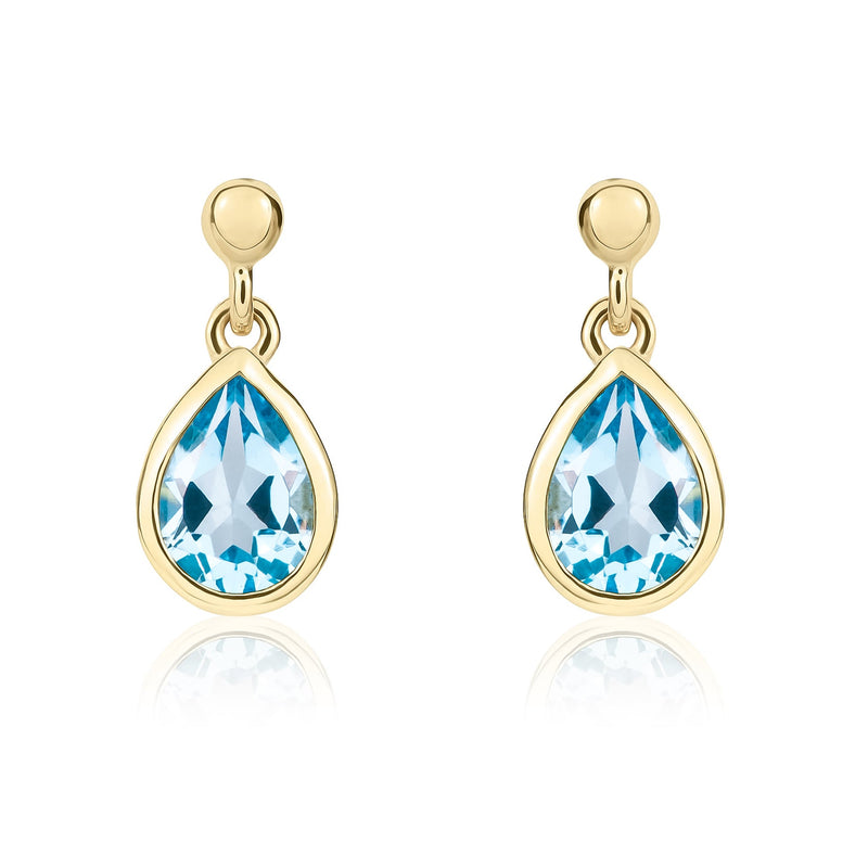9ct Yellow Gold Pear Shaped Natural Swiss Blue Topaz Rubover Drop Earrings with 2.5mm Bead Top — 6x4mm