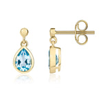 9ct Yellow Gold Pear Shaped Natural Swiss Blue Topaz Rubover Drop Earrings with 2.5mm Bead Top — 6x4mm