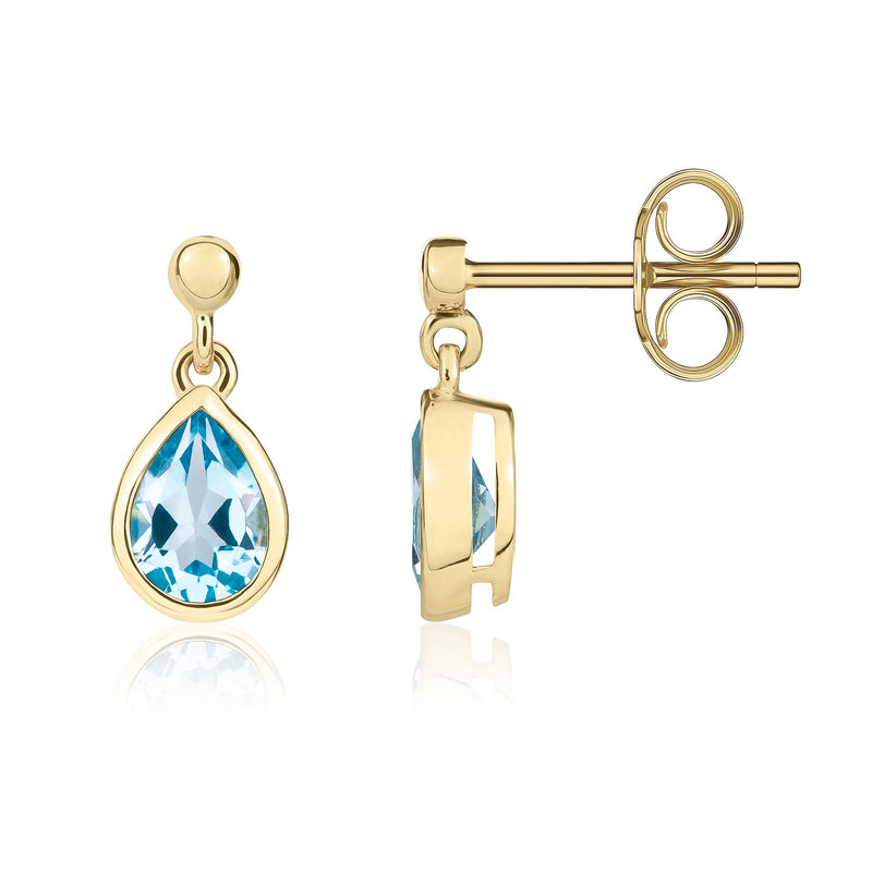 9ct Yellow Gold Pear Shaped Natural Swiss Blue Topaz Rubover Drop Earrings with 2.5mm Bead Top — 6x4mm