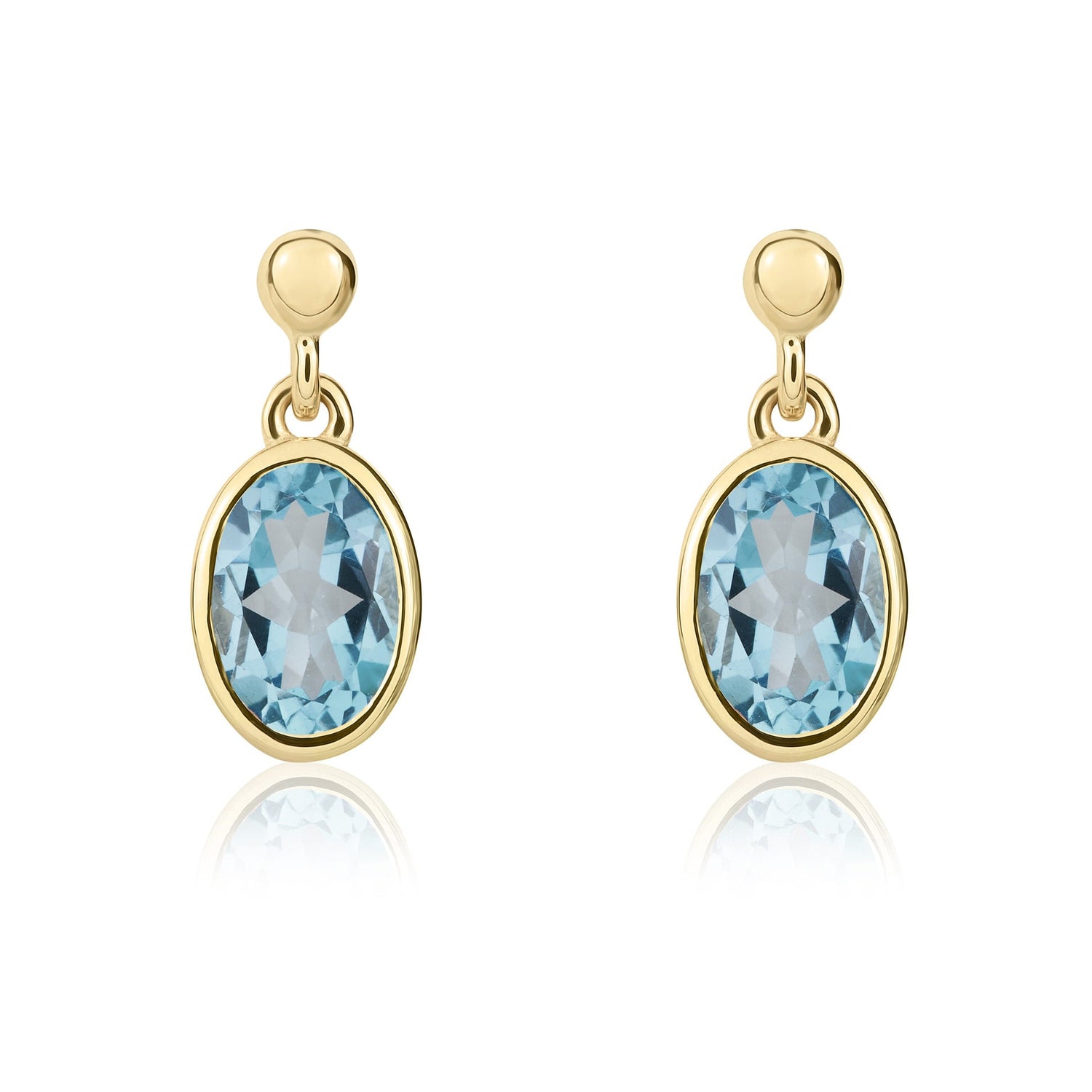 9ct Yellow Gold Oval Natural Swiss Blue Topaz Rubover Drop Earrings — 6x4mm