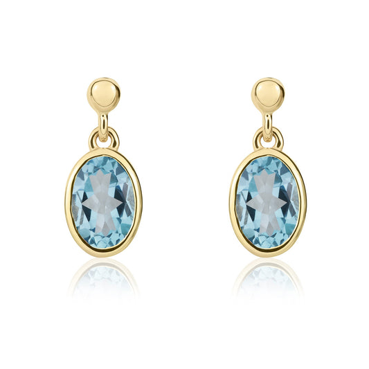 9ct Yellow Gold Oval Natural Swiss Blue Topaz Rubover Drop Earrings — 6x4mm
