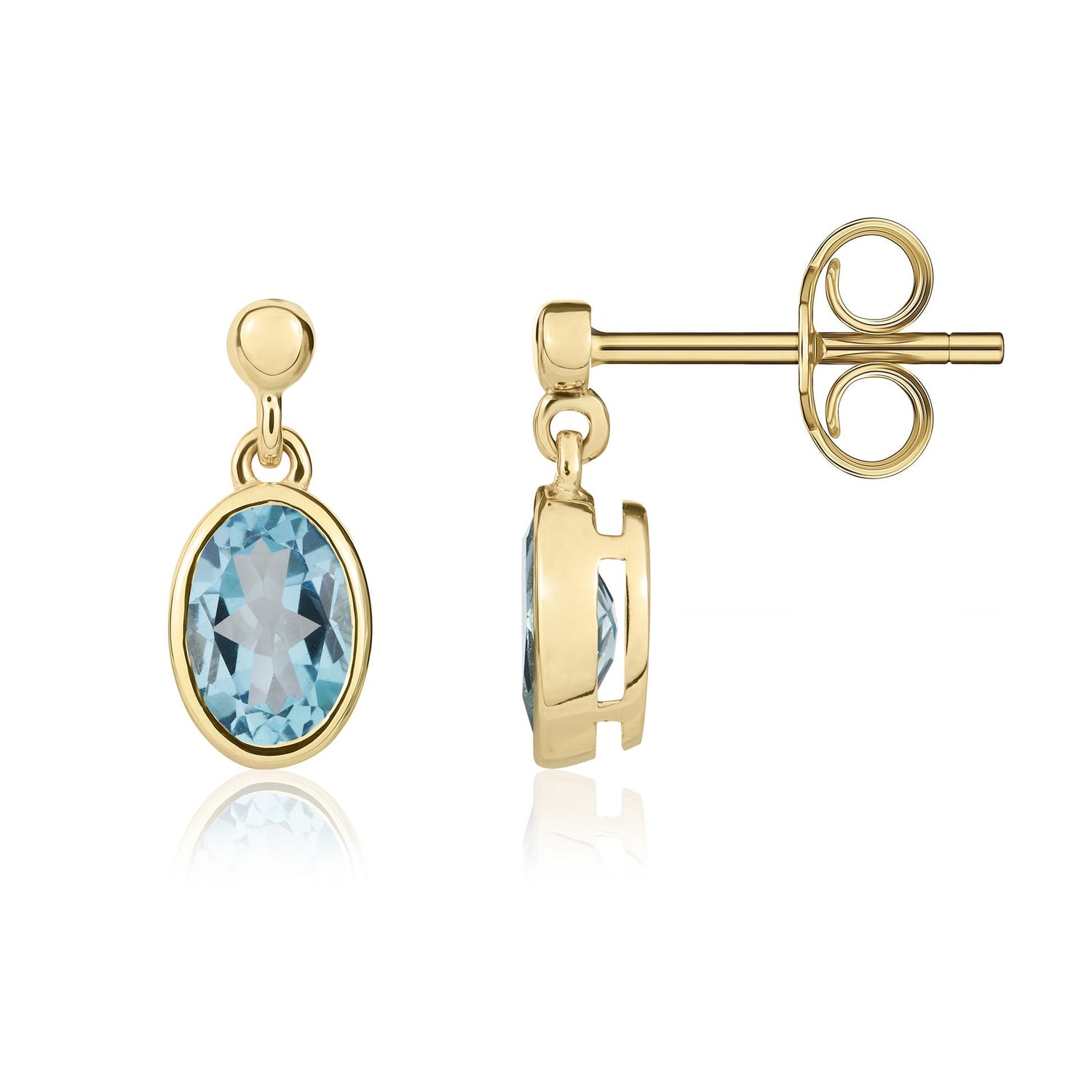9ct Yellow Gold Oval Natural Swiss Blue Topaz Rubover Drop Earrings — 6x4mm
