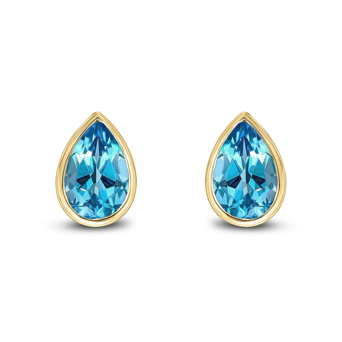 9ct Yellow Gold Pear Shaped Natural Swiss Blue Topaz Rubover Stud Earrings — 9x6mm