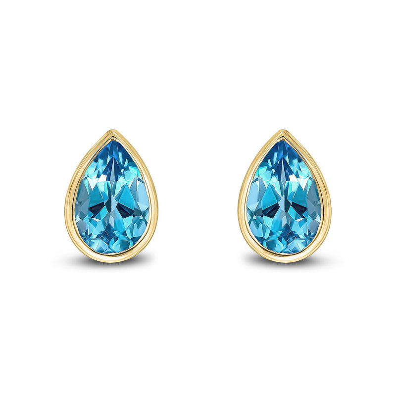 9ct Yellow Gold Pear Shaped Natural Swiss Blue Topaz Rubover Stud Earrings — 9x6mm