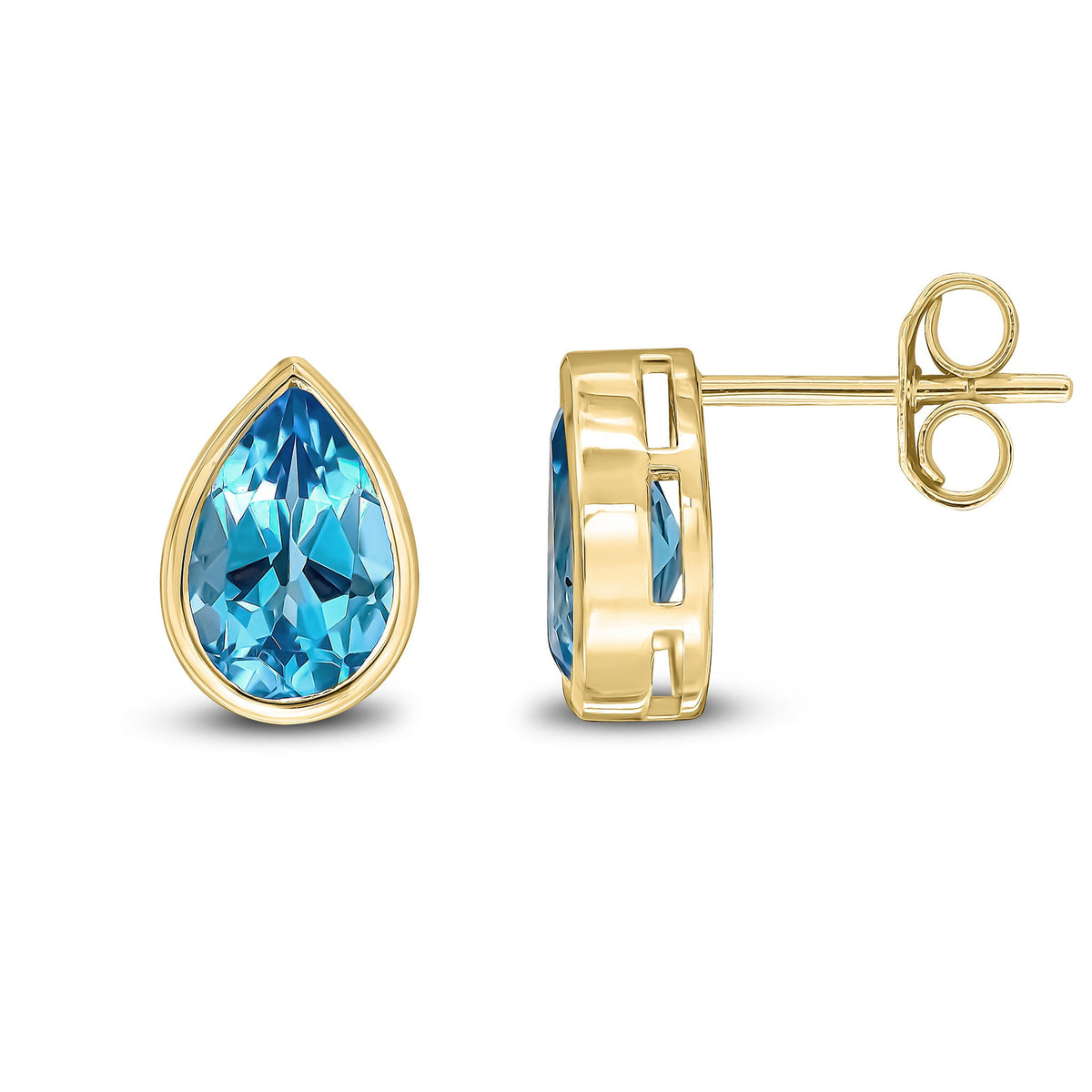 9ct Yellow Gold Pear Shaped Natural Swiss Blue Topaz Rubover Stud Earrings — 9x6mm