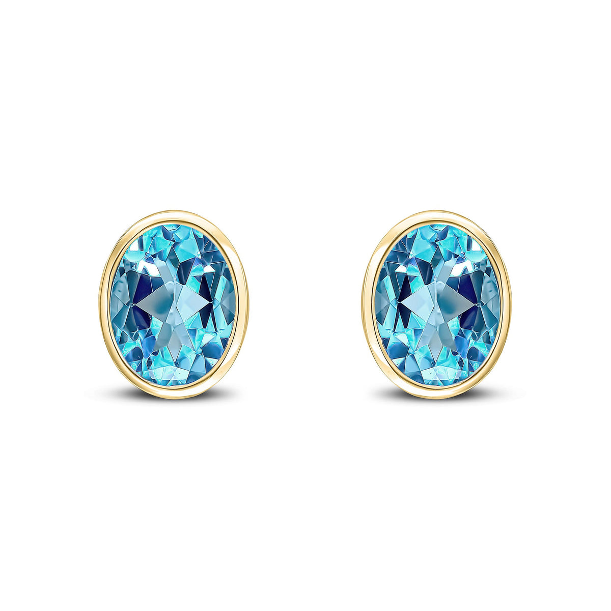 9ct Yellow Gold Oval Natural Swiss Blue Topaz Rubover Stud Earrings — 9x7mm