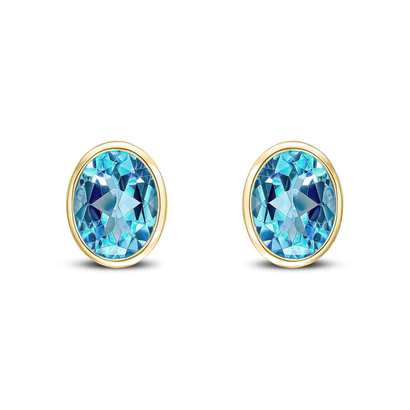 9ct Yellow Gold Oval Natural Swiss Blue Topaz Rubover Stud Earrings — 9x7mm